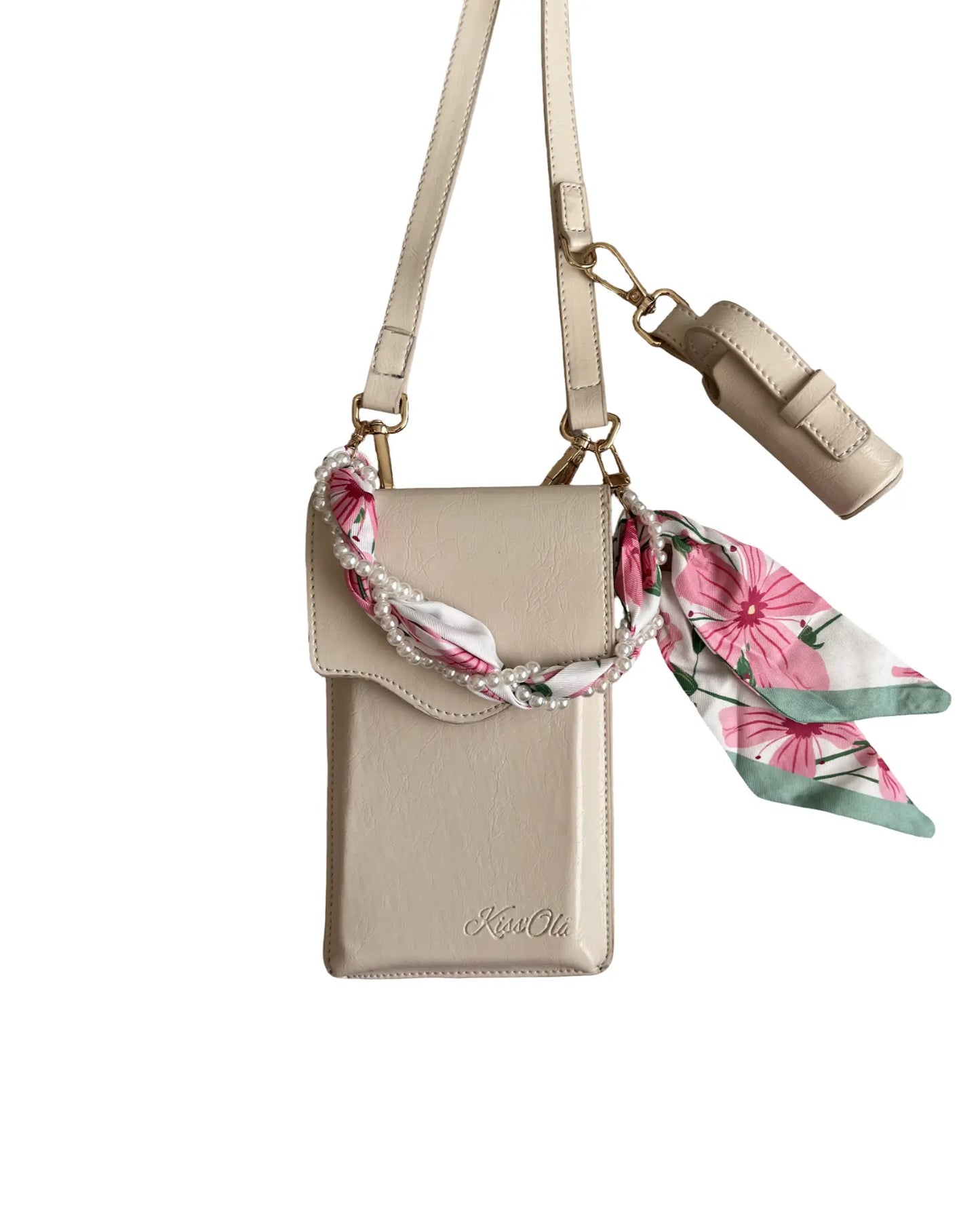Kiss'Olâ Crema telefon çantası üzerinde Bloom Pearl inci detaylı charm