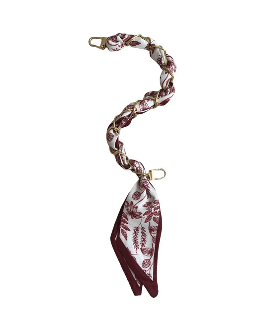 Amora Ruby çanta charm bordo vintage botanik desenli ipek fular