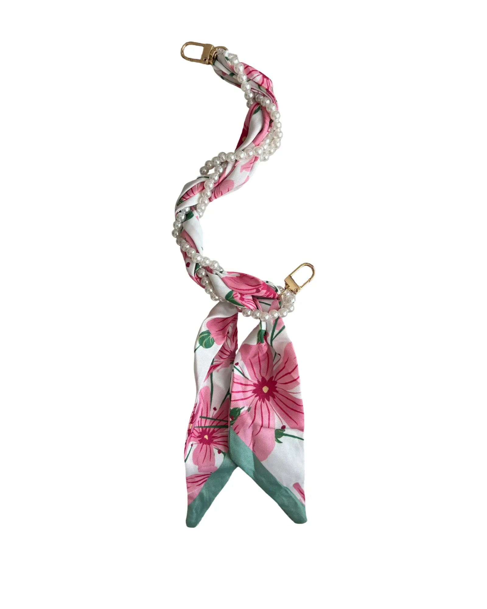 Bloom Pearl çanta charm pembe çiçek desenli ipek fular ve inci dizisi