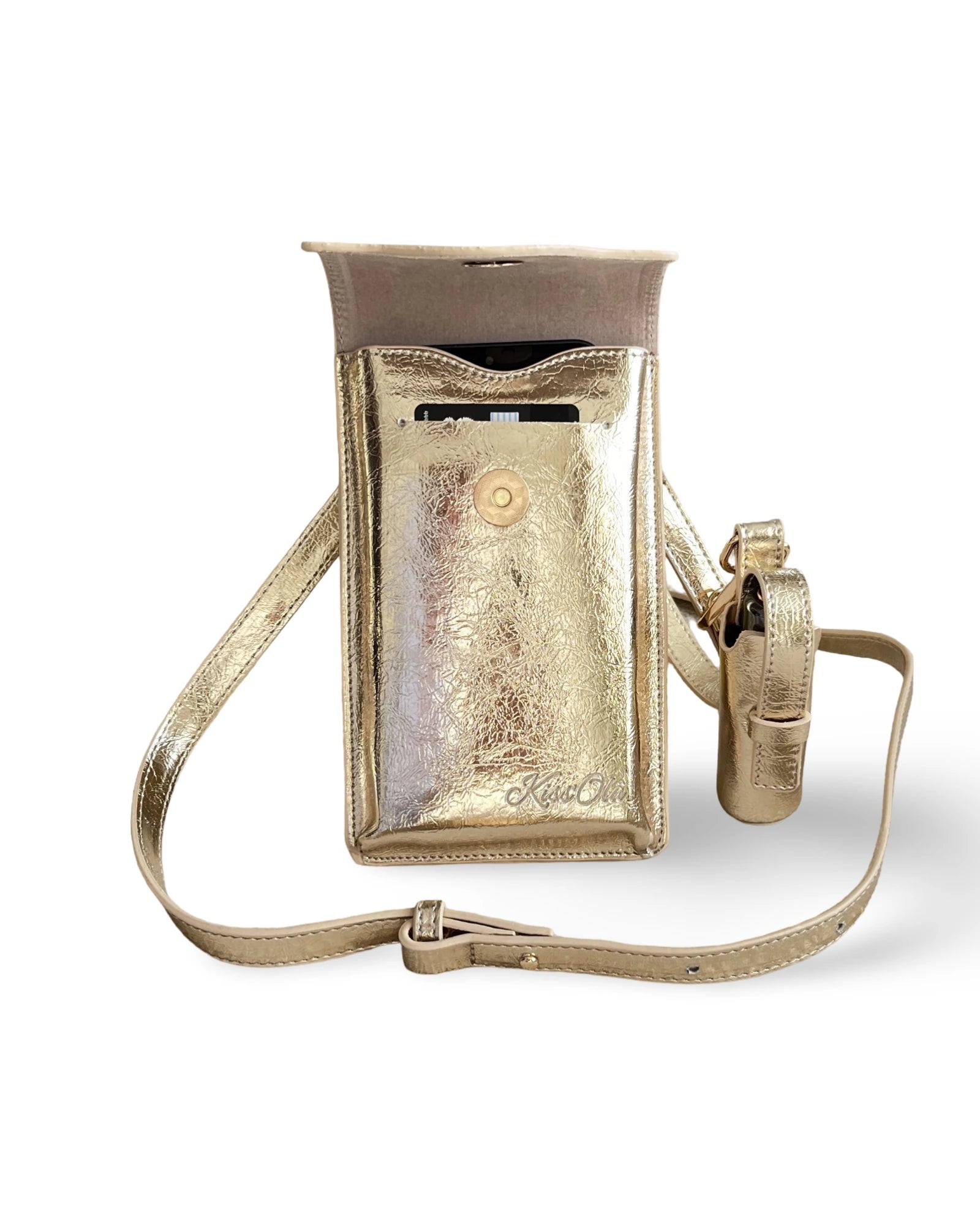 Kiss'Olâ Ibiza gold telefon çantası iç görünüm — ön kart bölmesi, manyetik kapak ve rujluk charm detayı